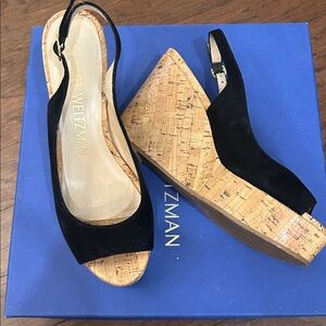 Stuart Weitzman Riveria Black Suede Lacquered Cork Wedge Slingback Sandals